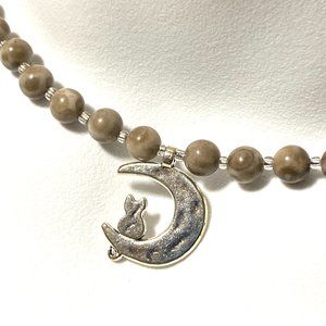 Earthy Agate Silver Cat on the Moon Necklace, Genuine Gemstone Beaded Necklace